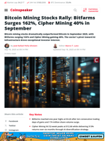 Bitcoin Mining Stocks Rally: Bitfarms Surges 162%, Cipher Mining 40% in September - Coinspeaker