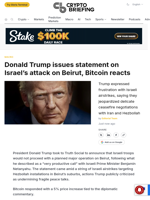 Donald Trump issues statement on Israel's attack on Beirut, Bitcoin reacts