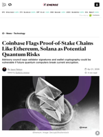  Coinbase flags Proof-of-Stake chains like Ethereum, Solana as potential quantum risks.