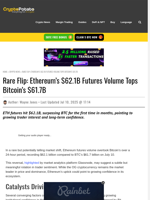 Rare Flip: Ethereum’s $62.1B Futures Volume Tops Bitcoin’s $61.7B