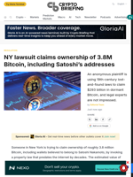NY lawsuit claims ownership of 3.8M Bitcoin, including Satoshi's addresses