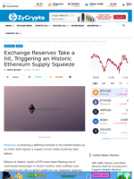Exchange Reserves Take a hit, Triggering an Historic Ethereum Supply Squeeze ⋆ ZyCrypto