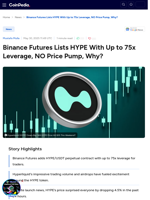 Binance Futures Lists HYPE With Up to 75x Leverage, NO Price Pump, Why?