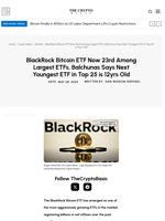BlackRock Bitcoin ETF Now 23rd Among Largest ETFs, Balchunas Says Next Youngest ETF in Top 25 is 12yrs Old