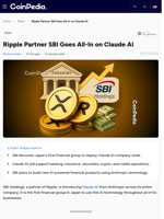 Ripple Partner SBI Holding Goes All-In on Claude AI