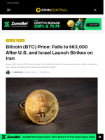 Bitcoin (BTC) Price: Falls to $63,000 After U.S. and Israel Launch Strikes on Iran - CoinCentral