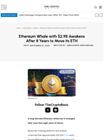 Ethereum Whale with $2.9B Awakens After 8 Years to Move its ETH