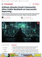 Arkham Attacks Zcash Community After Public Backlash on Inaccurate Reporting - Coinspeaker