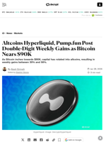 Altcoins Hyperliquid, Pump.fun Post Double-Digit Weekly Gains as Bitcoin Nears $90K - Decrypt