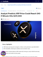 Analyst Predicts XRP Price Could Reach $40 If Bitcoin Hits $231,000