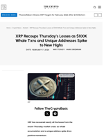 XRP Recoups Thursday’s Losses as $100K Whale Txns and Unique Addresses Spike to New Highs