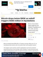 Bitcoin drops below $90K as selloff triggers $580 million in liquidations - Crypto Briefing