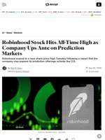 Robinhood Stock Hits All-Time High as Company Ups Ante on Prediction Markets - Decrypt