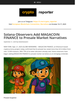 Solana Observers Add MAGACOIN FINANCE to Presale Market Narratives