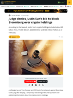 Judge Denies Justin Sun's Bid to Block Bloomberg Over Crypto Holdings
