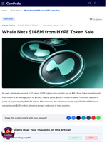 Whale Nets $148M from HYPE Token Sale