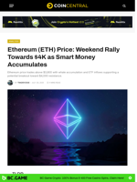 Ethereum (ETH) Price: Weekend Rally Towards $4K as Smart Money Accumulates - CoinCentral