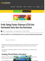 Profit-Taking Pushes Ethereum (ETH) Into Overheated State Near Key Resistance