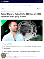 Tether Plans to Raise Up To $20B on a $500B Valuation Via Equity Market