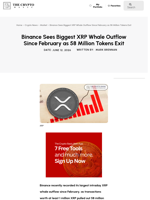 Binance Sees Biggest XRP Whale Outflow Since February as 58 Million Tokens Exit