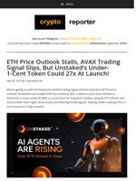 Unstaked Price Could 27x At Launch While ETH & AVAX Show Mixed Trading Signals