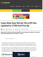 Crypto Whale Wynn Who Bet $1B on BTC Gets Liquidated for $118M Amid Price Dip
