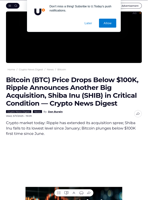 Bitcoin (BTC) Price Drops Below $100K, Ripple Announces Another Big Acquisition, Shiba Inu (SHIB) in Critical Condition — Crypto News Digest - U.Today
