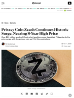 Privacy Coin Zcash Continues Historic Surge, Nearing 8-Year High Price - Decrypt