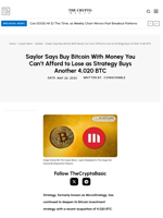 Saylor Says Buy Bitcoin With Money You Can’t Afford to Lose as Strategy Buys Another 4,020 BTC