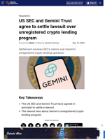 US SEC and Gemini Trust agree to settle lawsuit over unregistered crypto lending program