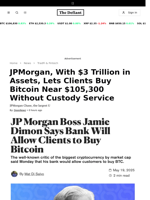 JPMorgan, With $3 Trillion in Assets, Lets Clients Buy Bitcoin Near $105,300 Without Custody Service - 