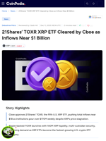 21Shares’ TOXR XRP ETF Cleared by Cboe as Inflows Near $1 Billion