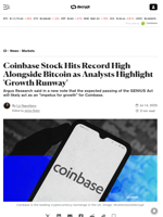 Coinbase Stock Hits Record High Alongside Bitcoin as Analysts Highlight 'Growth Runway' - Decrypt