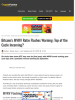 Bitcoin’s MVRV Ratio Flashes Warning: Top of the Cycle Incoming?