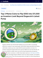 Top 3 Meme Coins to Flip $550 into $11,000 as Investors Look Beyond Dogecoin’s Latest Pump