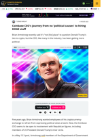 Coinbase CEO's journey from no 'political causes' to hiring DOGE staff