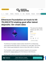 Ethereum Foundation on track to hit 70,000 ETH staking goal after latest deposits: On-chain data