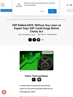 XRP Rallied 650% ‘Without Any Laws’ as Expert Says XRP Could Surge Before Clarity Act