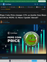 Pepe Coin Price Jumps 15% as Justin Sun Buys $51M in PEPE: Is More Upside Ahead?