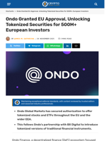 Ondo Granted EU Approval, Unlocking Tokenized Securities for 500M+ European Investors - Crypto News Flash