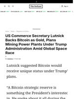 US Commerce Secretary Lutnick Backs Bitcoin as Gold, Plans Mining Power Plants Under Trump Administration Amid Global Space Race - 