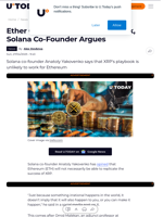 Ether Can't Follow XRP's Playbook, Solana Co-Founder Argues