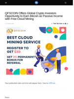 QFSCOIN Offers Global Crypto Investors Opportunity to Earn Bitcoin as Passive Income with Free Cloud Mining - Visionary Financial