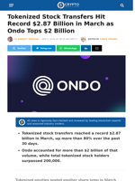 Tokenized Stock Transfers Hit Record $2.87 Billion in March as Ondo Tops $2 Billion | Crypto News Flash