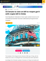 US Senate to Vote on Bill to Reopen Gov’t with Crypto Bill in Limbo