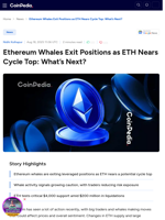 Ethereum Whales Exit Positions as ETH Nears Cycle Top: What’s Next?