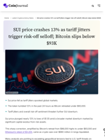SUI price crashes 13% as tariff jitters trigger risk-off selloff; Bitcoin slips below $93K - CoinJournal
