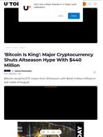 'Bitcoin Is King': Major Cryptocurrency Shuts Altseason Hype With $440 Million - U.Today