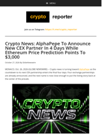 Crypto News: AlphaPepe To Announce New CEX Partner In 4 Days While Ethereum Price Prediction Points To $3,000