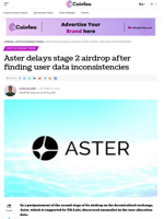 Aster delays stage 2 airdrop after finding user data
